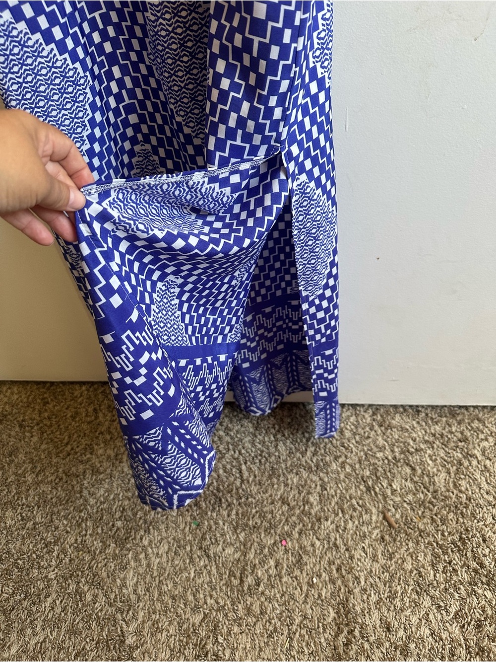 Everly Blue & White Geometric Spaghetti-Strap Maxi Dress - Picture 4 of 13